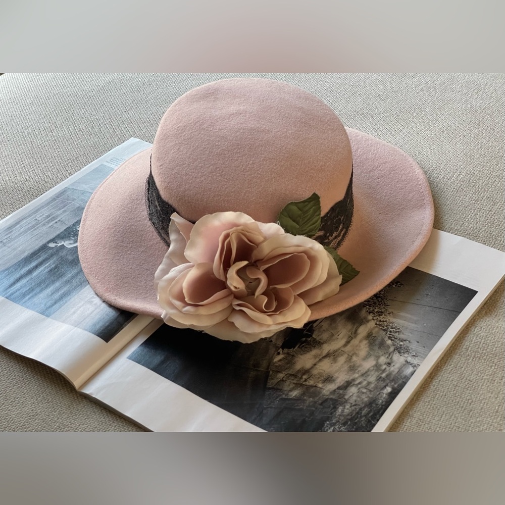 Elegant 100% Wool Wide Brim / Rose / Lace Hat In Dusty Rose-Royal/Derby/Church